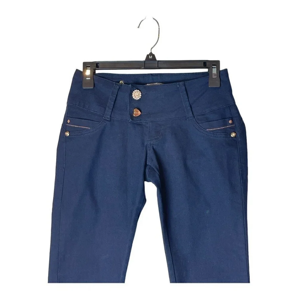 BLK DNM Blue Dark Wash Jeweled Button Wide Waistband Slim Jeans Size 28‎